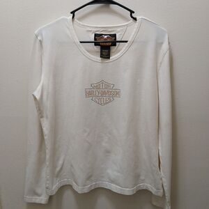 VTG Harley Davidson Y2K Longsleeve White Motorcycle Logo Rhinestone Shirt W-XL